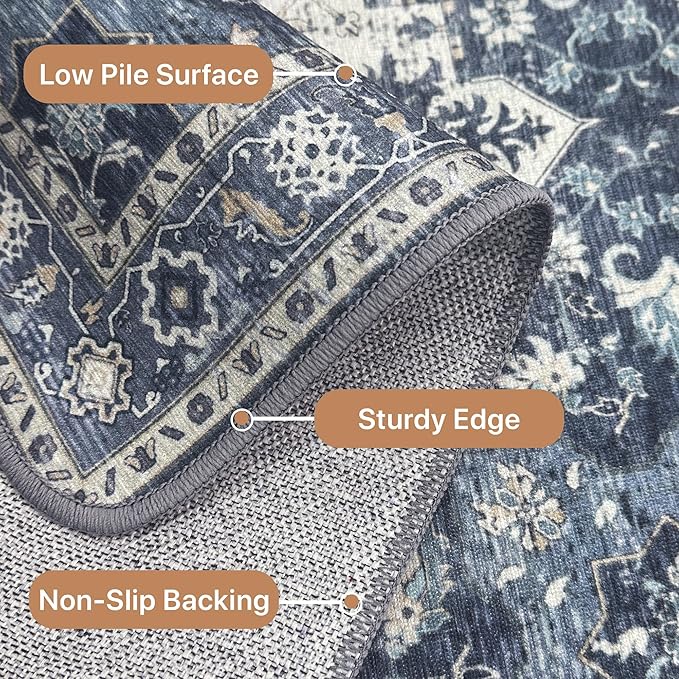GENIMO 2x8 Runner Rugs for Hallway, Machine Washable Non Slip Vintage Rugs, Low Pile Lightweight Soft Print Rug for enrtyway, Corridor, Home Office, Kitchen, Center Blue