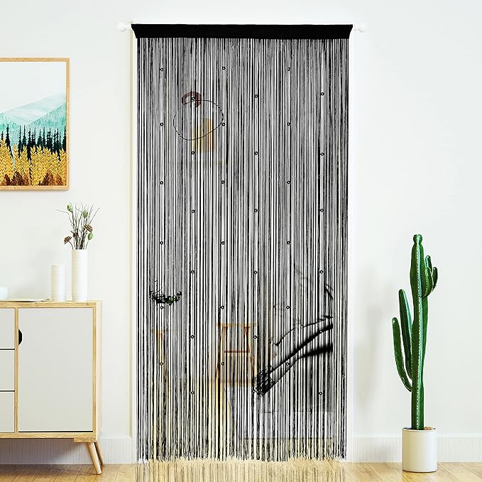 YaoYue Beaded Curtain Door String Curtains for Doorway Tassels Beads Hanging Fringe Hippie Room Divider Window Hallway Entrance Wall Closet Bedroom Privacy Decor (39×110in/100×280cm, Black)