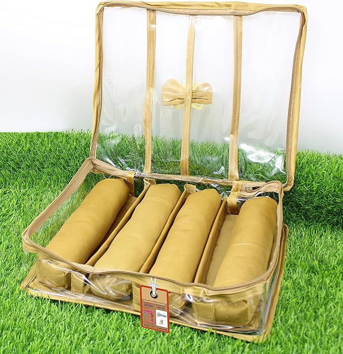 atorakushonSatin Fabric 4 Rod Bangle Box Organizer for Women Girls Jewellery Pouch Storage Bag Makeup Travel Wardrobe Wedding Set for Bride Golden