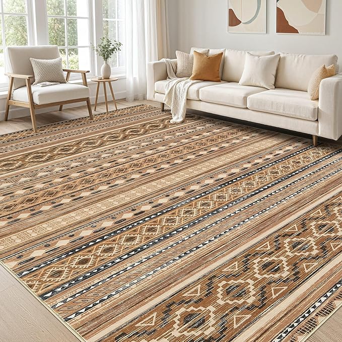cotiled 9x12 Area Rug Living Room: Washable Boho Rugs with Non Slip Backing Large Soft Indoor Stain Resistant Carpet for Bedroom Farmhouse Dining Room Lightweight Home Decor Brown/Beige