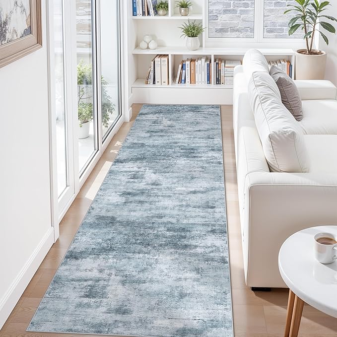 3x10 Ft Long Wide Hallway Runner Rug – Non-Slip Washable Wide Kitchen Runner, Low-Pile Thin Modern Abstract Floor Rug for Indoor Entryway, Bedroom, Living Room (Blue Grey)
