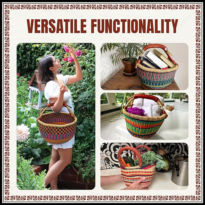 Africa Heartwood Project Deluxe Colorful African Basket with Leather Handles - Handmade from dried Elephant Grass, Hand-Woven by Women in Bolgatanga, Ghana - Large 16" Round Flat-packed