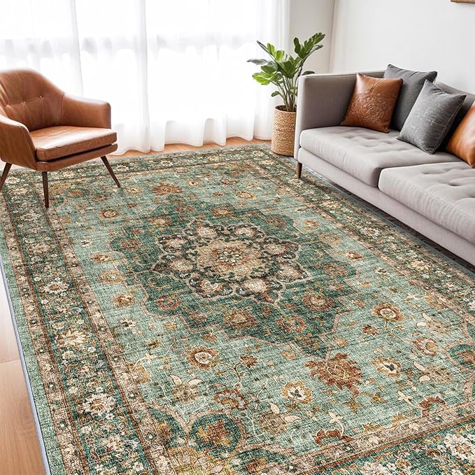 TOPRUUG Washable Oriental Area Rug - 7x9 Rugs for Living Room Soft Carpet for Bedroom Waterproof Floral Distressed Indoor Stain Resistant Non-Shedding Floor Carpets (Green, 7x9)