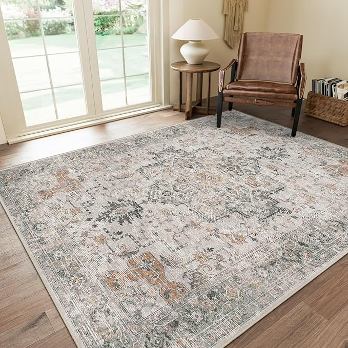 GENIMO 5X7 Area Rugs for Living Room, Machine Washable Non Slip Vintage Rugs, Low Pile Lightweight Chenille Print Rug for Bedroom, Dining Room, Home Office, Light Taupe Brown