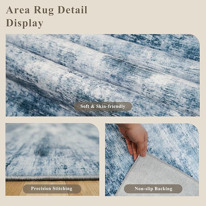 3x6 Washable Wide Runner Rug – Non-Slip Floor Carpet Runner for Kitchen Entryway Hallway Bathroom, Modern Abstract Low Pile Thin Area Rug (Blue Grey)