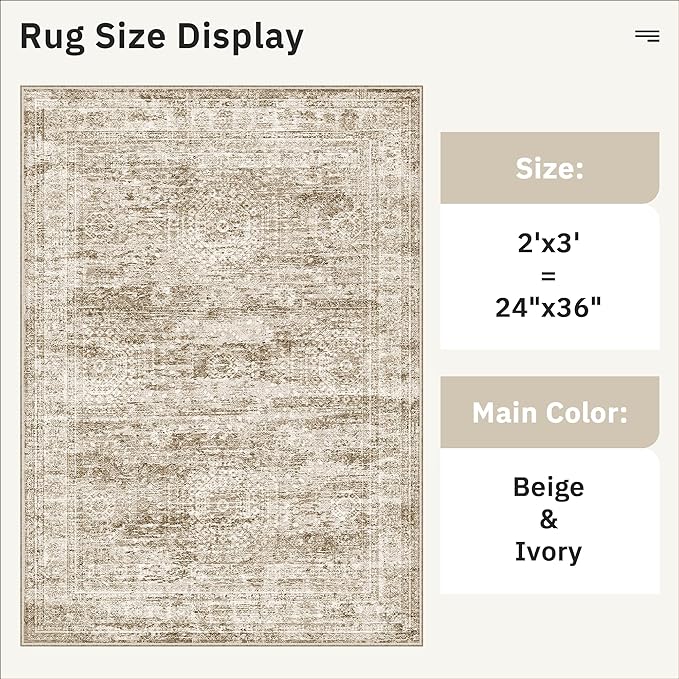 Soalmost 2x3 Washable Rugs for Kitchen, Floor, Entryway, Powder Room Small Area Rug Non-Slip Vintage Low Pile Throw Door Mat Brown
