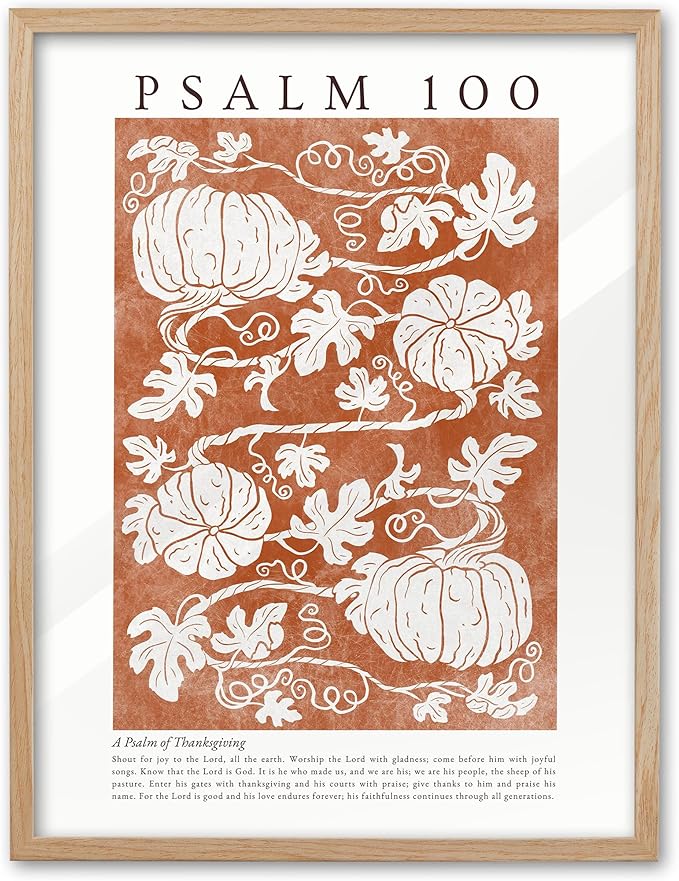 EcoHest Fall Botanical Pumpkins Framed Wall Art, 12x16 in OAK Wood Christian Psalm 100 Canvas Wall Art, Beige Logs A Psalm of Thanksgiving Home Decor Set of 1 for Bedroom Living Room