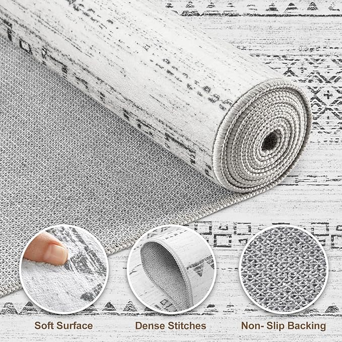 Nakagishi 7x10 Area Rug Living Room: Washable Boho Large Neutral Modern Soft Farmhouse Rugs Stain Resistant Indoor Floor Non-Slip Carpet for Bedroom Nursery Kids Playroom Office Dining Room- Grey