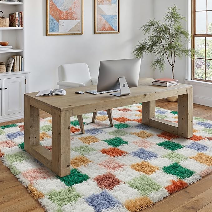 PureCozy Checkered Rug 6x9 for Living Room, Modern Neutral Shag Rug Washable Non-Slip Large Area Rug Super Soft Indoor Fuzzy Carpet Fluffy Rugs for Bedroom Home Aesthetic Decor