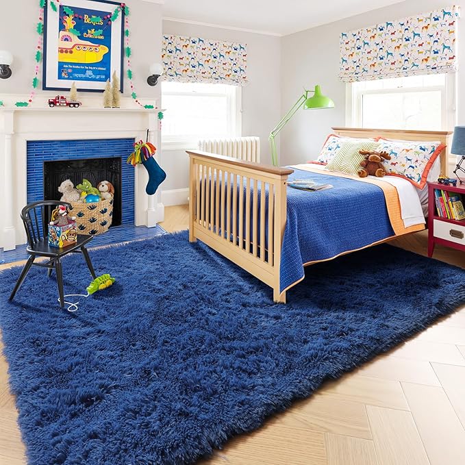 Amdrebio Navy Blue Area Rugs for Boys Bedroom, 5x8 Shag Fluffy Furry Plush Rug for Kids Room, Living Room Decor Aesthetic, Cool Royal Dark Blue Carpet for Baby Nursery Classroom Office Dorm Playroom