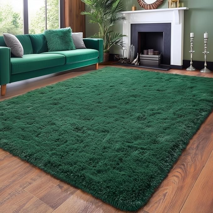 Amdrebio Dark Green Large Living Room Rug 6x9, Fluffy Area Rugs for Bedroom, Soft Fuzzy Shag Rug for Kids Playroom Dorm, Thick Big Modern Rugs for Living Room Decor, Plush Cool Emerald Green Carpet