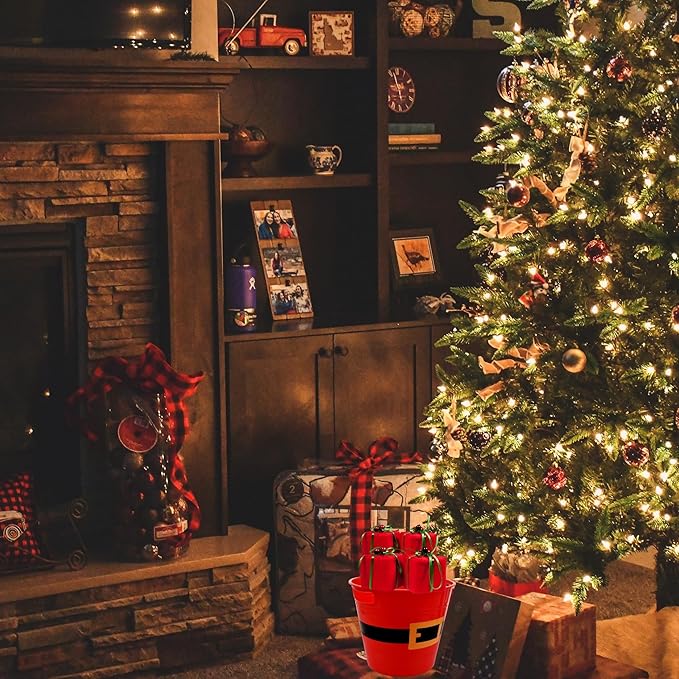 2-Pack Christmas Santa Belt Buckets, 7.95in. x 8.32in. Holiday Gift Red Pail Basket with Handles Party Favor Stackable Containers Goodie Bags Treat Holders Christmas Décor Craft Decorative Storage