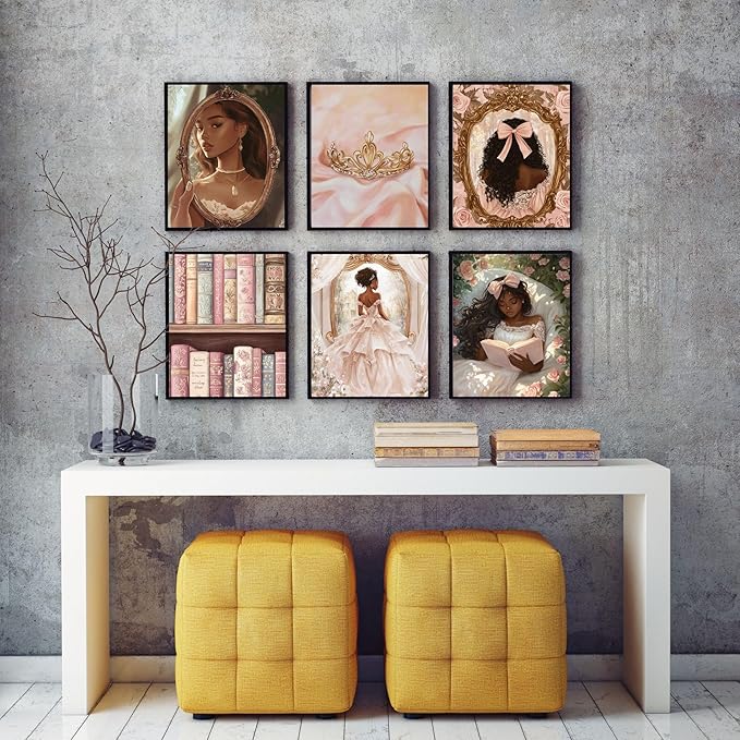 Eastern Print 6 Pieces African American Wall Art, Cute Black Princess Room Decor For Girls Bedroom, Black Girl Posters For Room Aesthetic, Black Women Poster For Room Aesthetic, Unframed 8x10 Inches