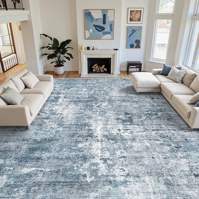 Soalmost 10x14 Area Rugs for Living Room, Non Slip Machine Washable Vintage Rugs, Low Pile Lightweight Large Rug for Bedroom, Dining Room, Home Office Blue