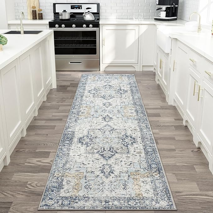 GENIMO Runner Rug 2'6''x8, Non Slip Vintage Hallway Runner Rugs, Low Pile Lightweight Machine Washable Mat for Hallway, Entryway, Bedroom, Kitchen and Corridor, Blue