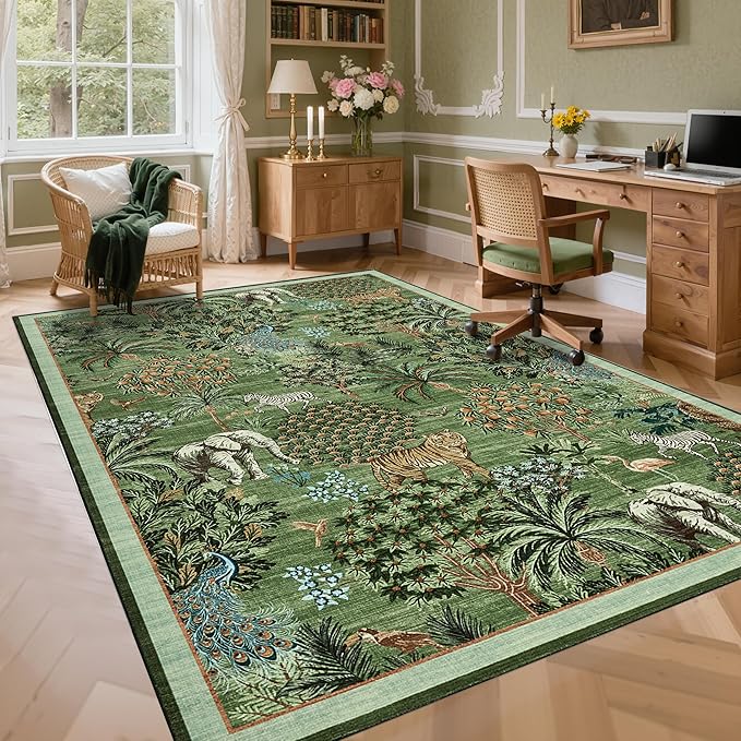 GarveeHome Jungle Rug 10x13 Washable Area Rugs for Living Room, Forest Green Animal Print Rug Non Slip Low Pile Stain Resistance Large Throw Carpet for Kids Bedroom Nursery Playroom Dining Room
