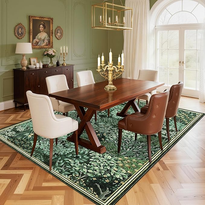 GarveeHome Forest Rugs 5x7, Green Washable Area Rugs for Living Room 5x7, Botanical Low Pile Non Slip Stain Resistance Woodland Rug for Farmhouse, Bedroom, Dining Room