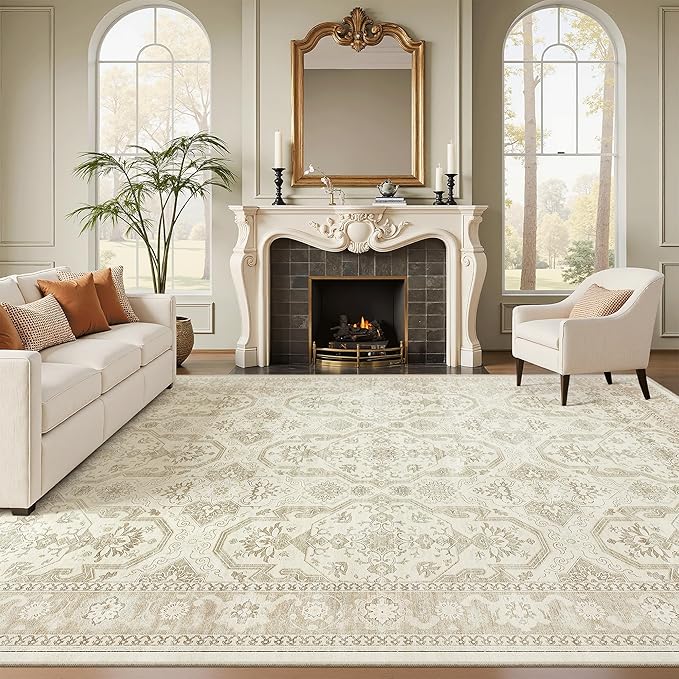 Soalmost 9x12 Area Rugs for Living Room, Non Slip Machine Washable Vintage Rugs, Low Pile Lightweight Large Rug for Bedroom, Dining Room, Home Office Beige/Brown