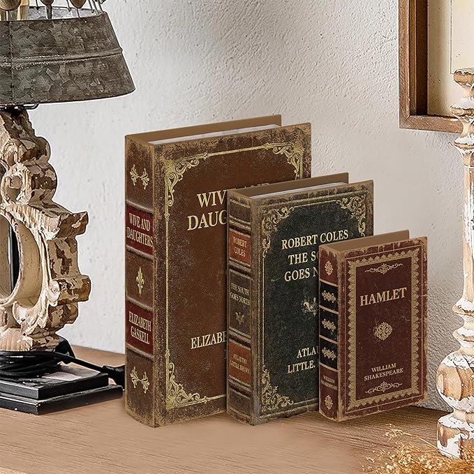 Vintage Faux Leather Decorative Book Box Set of 3 – Wooden Secret Storage Box with Magnetic Closure, Hidden Organizer for Bookshelf, Desk, or Office Decor (Classic Literature)