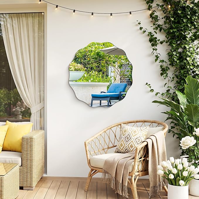CILIBER Frameless Wavy Round Mirror, 24'' Scalloped Circle Wall Mirror, 3mm Tempered Glass Decorative Bathroom Vanity Mirror, Mounting/Leaning for Mantel, Living Room, Bedroom and Entryway