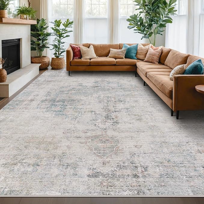 Hazo Haus Modern Farmhouse Area Rug for Living Room - 10x14 Blue Gray Big Rug for Dining Room Table, Lightweight Foldable Low Pile Washable