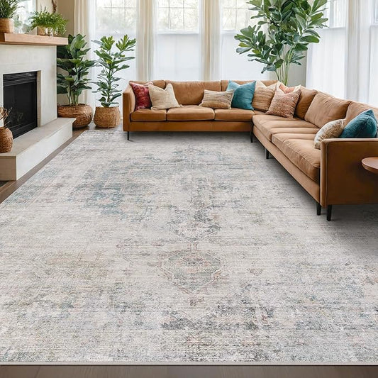 Hazo Haus Modern Farmhouse Area Rug for Living Room - 10x14 Blue Gray Big Rug for Dining Room Table, Lightweight Foldable Low Pile Washable