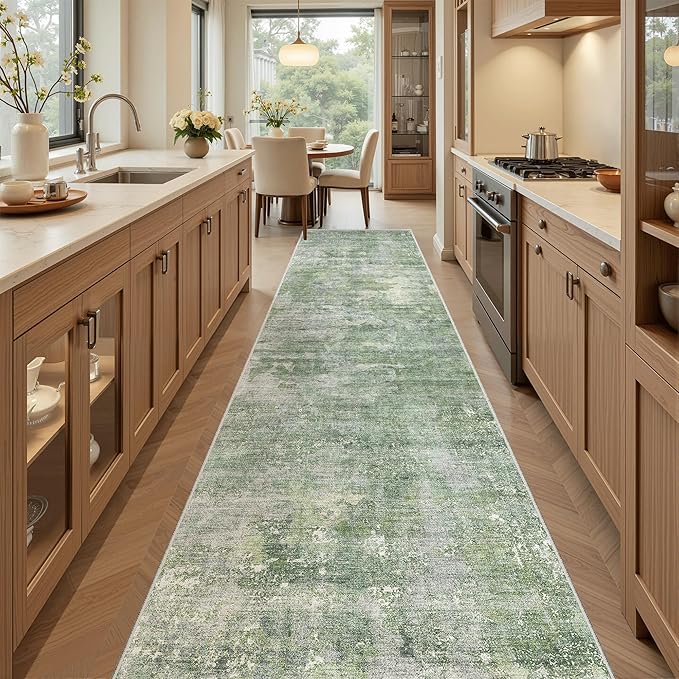 Soalmost Runner Rug 2x12 Washable Non-Slip Hallway Runner Rugs for Kitchen Bathroom Laundry Room Green/Ivory Vintage Floor Carpet Runners for Hallways Entryway