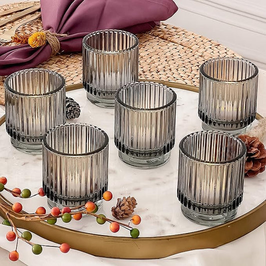 Kate Aspen Ribbed Glass Candle Holder Set - 6 Smoke Gray Tealight Holders for Home, Kitchen, Room or Living Room Decor - Vintage Tea Light Votive Accent for Table or Shelf Styling (Pack of 6)