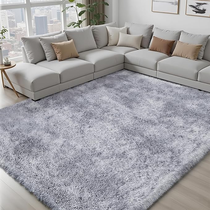 Area Rug for Living Room Bedroom: 9x12 Light Grey Soft Fluffy Shag Upgrade Non-Slip High Pile Carpet Large Fuzzy Plush Indoor Floor Decor Shaggy Rug for Kid Boys Girls Playroom Nursery Modern Home