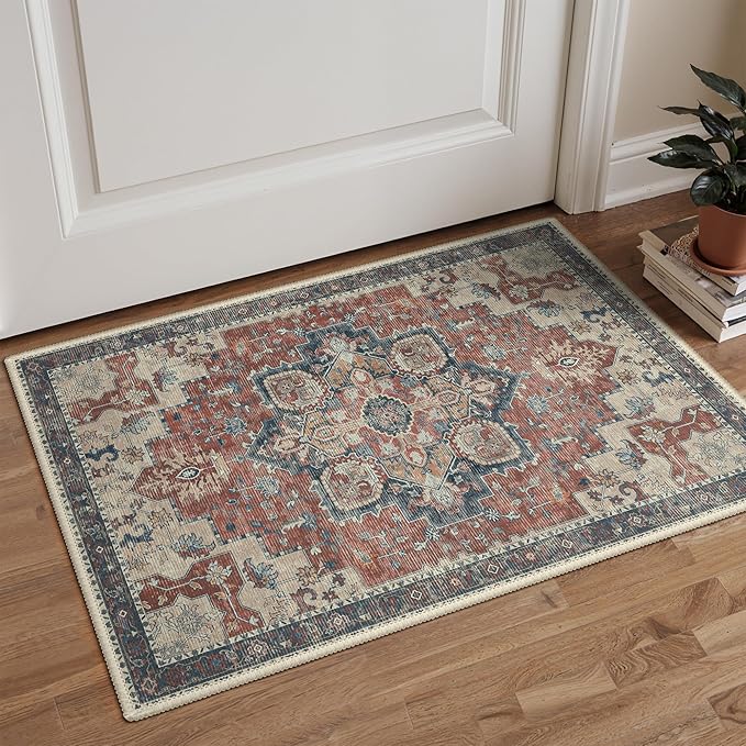 GENIMO Area Rug 2x3 Doormat, Machine Washable Low Pile Rugs, Small Retro Chenille Entryway Mat for Entrance, Hallway, Kitchen and Corridor, Bordeaux