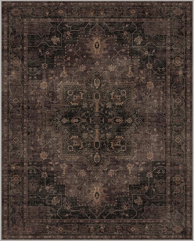 GENIMO 9x12 Area Rugs for Living Room, Machine Washable Rug, Non Slip Indoor Vintage Rug, Low Pile Lightweight Chenille Print Carpet for Bedroom Dining Room Home Office, Charcoal Brown