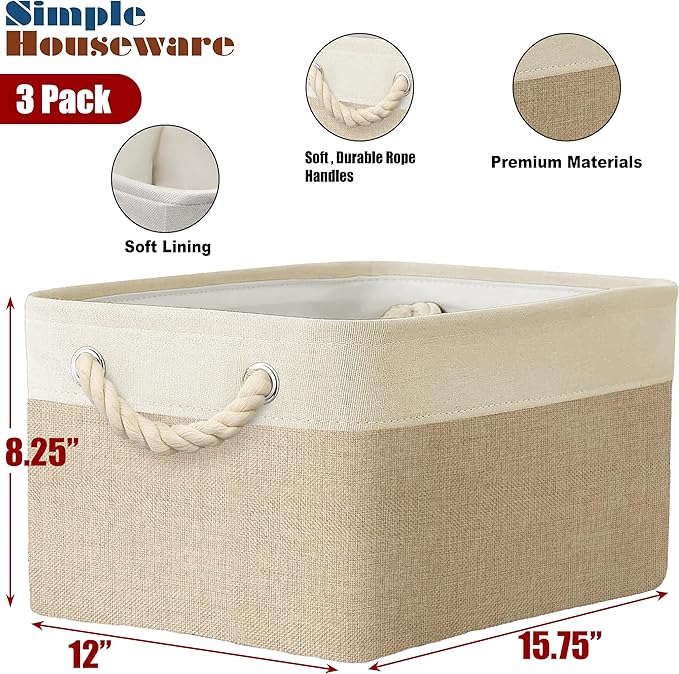 Simple Houseware 15.7" x 12" Wide & Low Fabric Storage Bin for Shallow Gaps and Closet, Braided Handles, 3 Pack, Beige