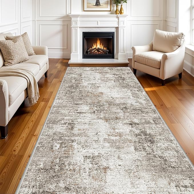 4x12 Wide Hallway Runner Rug – Non-Slip Washable Rubber-Backed Large Carpet Runner for Kitchen, Entryway, Bathroom, Modern Abstract Low-Pile Thin Floor Mat for Living Room, Dining Room (Beige Grey)