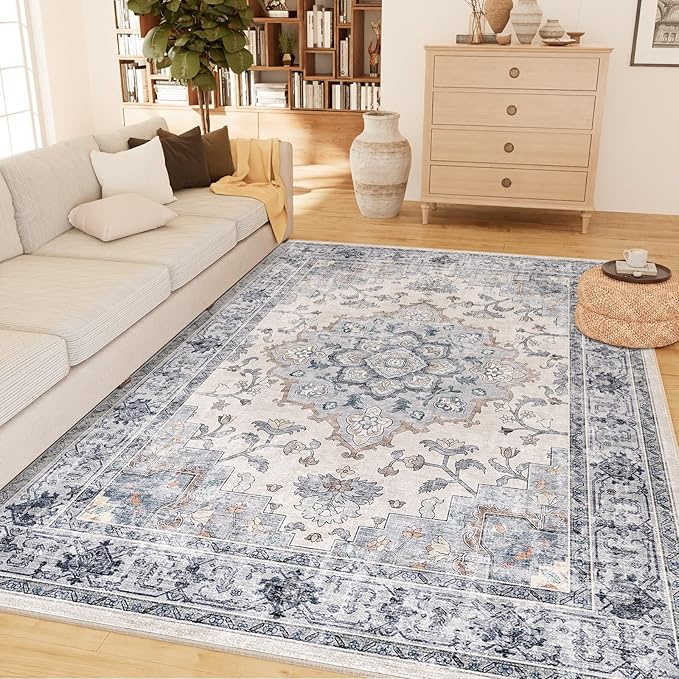 CAPALOCA Machine Washable Rugs Nursery Rug 4x6 Cute Girl Non Slip Low Pile Water Repellent Soft Print Pattern for Bedroom Indoor Decor Kids Playroom Blue White