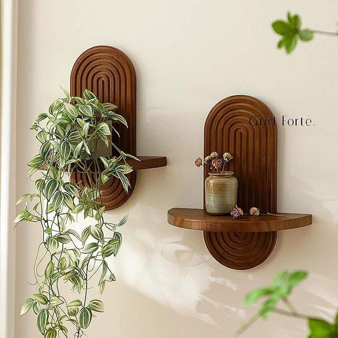 GRID FORTE Modern Wall Shelf (Set of 2) with Arched Wood Design Mid-Century Single Floating Rainbow Shelves for Indoor Decoration Holding Planter Ornaments, 14 x 11.6 Inch (Walnut)