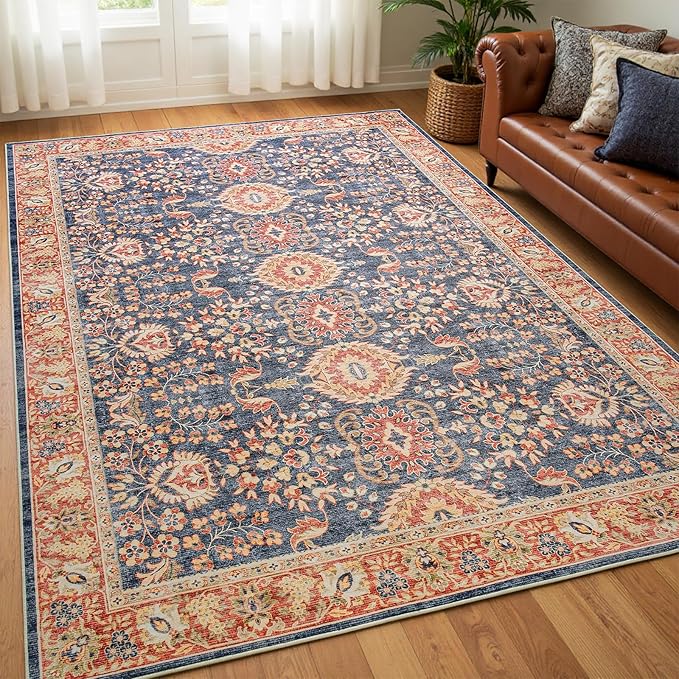 Goideal Washable Rug 5x7, Vintage Area Rugs Non Slip, Indoor Low Pile Carpet with Rubber Backing for Living Room Kitchen Bathroom Entryway Office Bedroom, Navy Blue & Orange