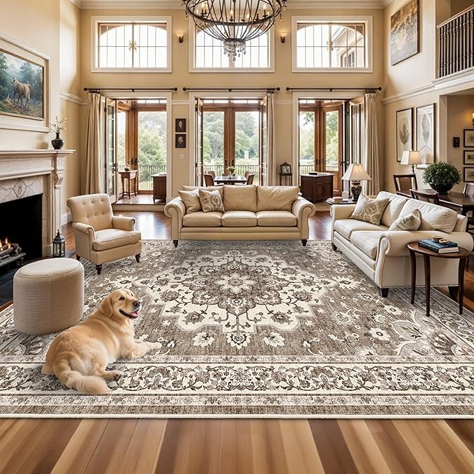 TOPRUUG Washable 12x15 Area Rug - Extra Large Rugs for Living Room Soft Low Pile Carpet for Bedroom Non-Slip Stain Resistant Vintage Indoor Floor Carpets (Beige, 12x15)