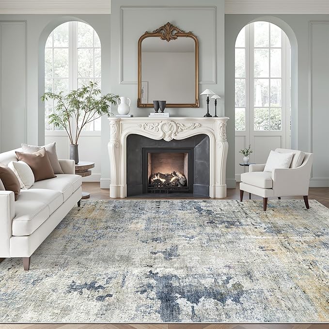 Soalmost Abstract Rug 8x10 Large Living Room Rugs Neutral Modern Washable Area Rugs for Bedroom Dining Room Non-Slip Stain Resistant Foldable Thin Rug Blue Yellow