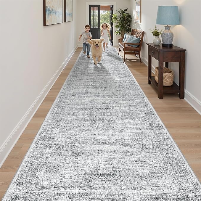 Soalmost Hallway Runner Rug 3x18 - Kitchen Rugs 18ft Washable Entryway Rug Vintage Kitchen Runners Non Slip Farmhouse Indoor Carpet Runner for Living Room Bedroom, Grey