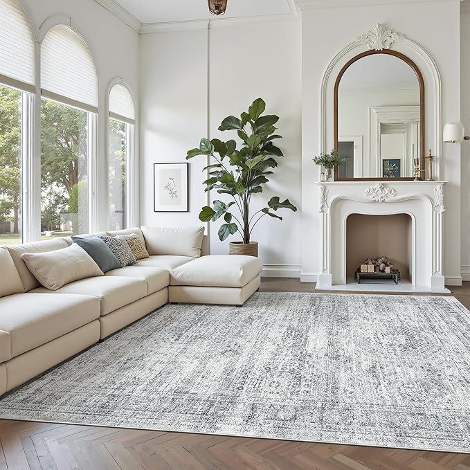 Soalmost Area Rug 10x12 Vintage Washable Living Room Large Gray Carpet Non Slip Bedroom Indoor Office Dining Room Low Pile Thin Rug Grey