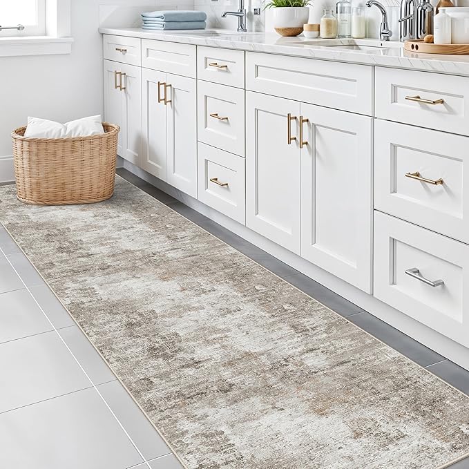2x10 Ft Long Runner Rug for Hallway – Non-Slip Washable Floor Runner for Kitchen Indoor Entryway, Bedroom, Living Room,Modern Abstract Low-Pile Thin Carpet （Beige Grey）