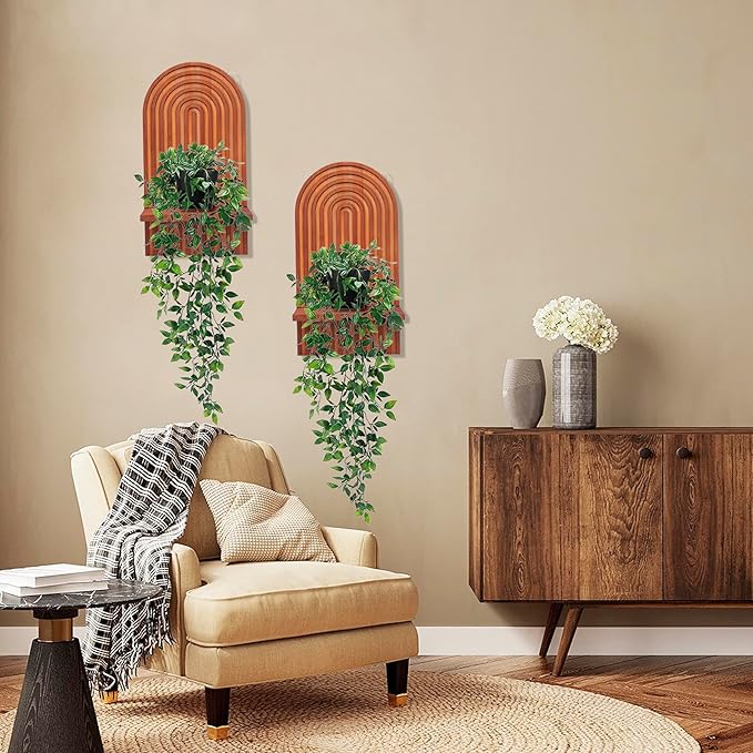 2 Pieces Boho Wall Shelf, Mid Century Shelves, Decorative Storage Unit, Decorative Bohemian Rainbow Hanging Shelves for Bathroom, Bedroom, Kitchen, Living Room, Laundry Room (Brick-Red)