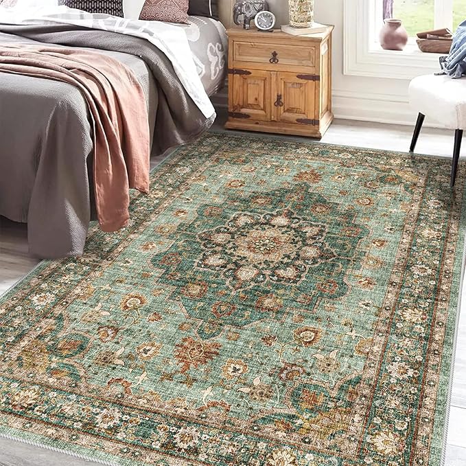 TOPRUUG Washable Oriental Area Rug - 3x5 Rugs for Living Room Soft Carpet for Bedroom Waterproof Floral Distressed Indoor Stain Resistant Non-Shedding Floor Carpets (Green, 3X5)