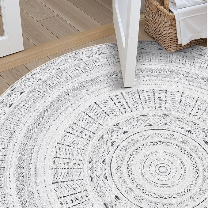 cotiled 5x5 Round Area Rug Living Room: Washable Boho Rugs with Non Slip Backing Large Soft Indoor Stain Resistant Carpet for Bedroom Farmhouse Dining Room Lightweight Home Decor Dark Grey
