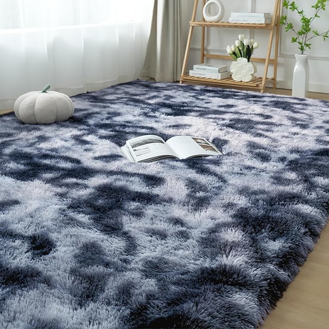 Area Rugs 9x12 Living Room: Shag Area Rug for Living Room - Large Plush Fluffy Carpet (Tie-Dyed Dark Gray, 9x12 Feet)