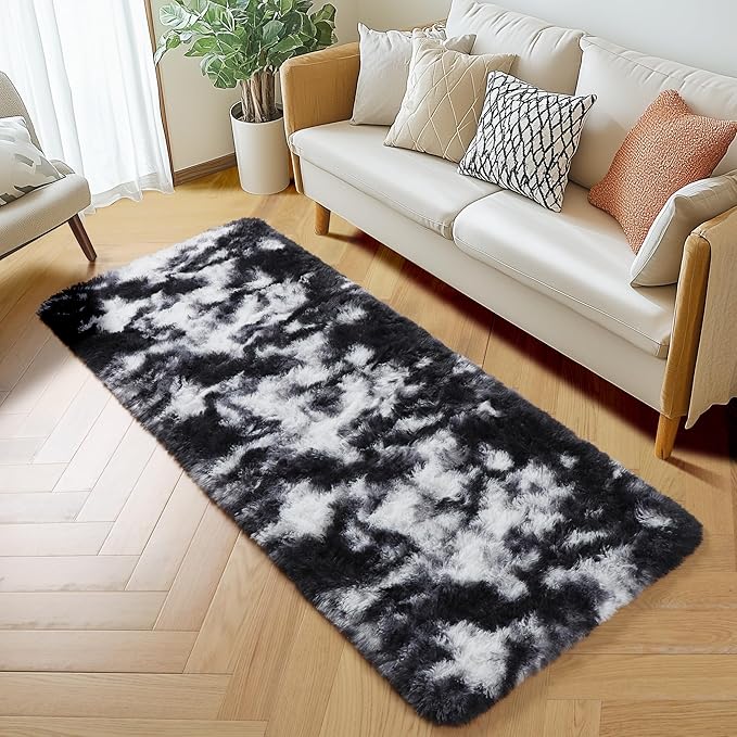 Amdrebio Black White Grey Runner Rugs 2x6 for Bedroom Living Room Decor, Fluffy Fuzzy Shag Bedside Area Rug for Kids Room Dorm Home Office, Cool Shaggy Plush Floor Modern Carpet for Teen Boys Men