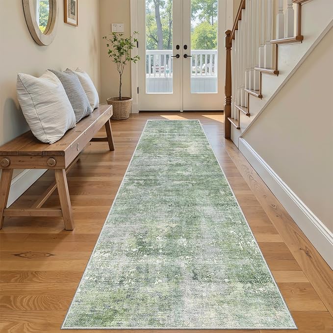 Soalmost Runner Rug 2x8 Washable Non-Slip Hallway Runner Rugs for Kitchen Bathroom Laundry Room Green/Ivory Vintage Floor Carpet Runners for Hallways Entryway