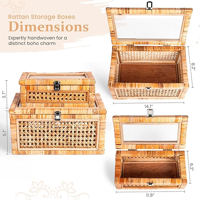 Large Set of 2 Handwoven Rattan Decorative Boxes with Glass Lids - Stackable Wicker Storage Boxes for Home Decor - Coffee Table Box Organizers - Woven Box with Lid for Shelves