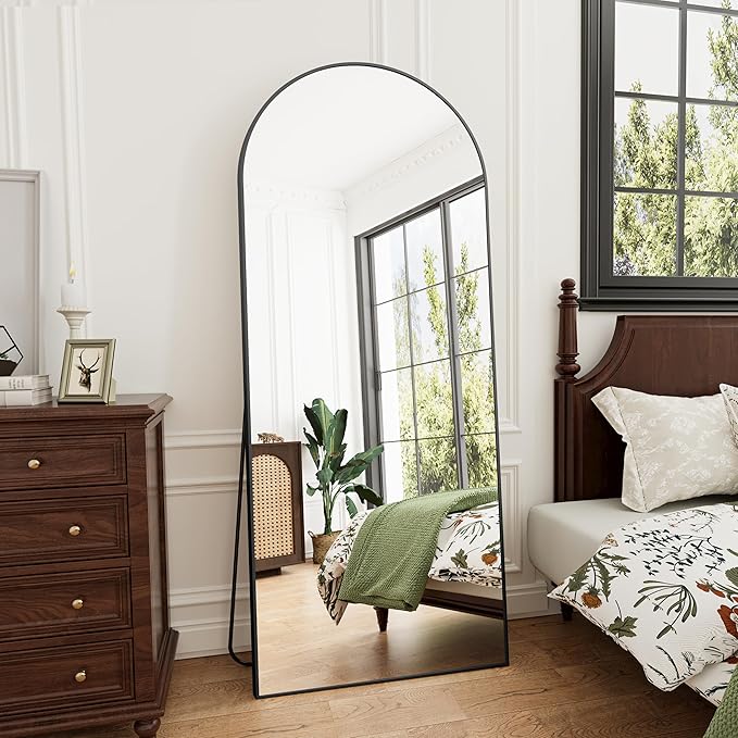 Rowjut Full Length Mirror Arched Floor Length Mirrors, 71"x26" Large Full Body & with Stand & Arch Wall Mounted & Standing Mirror for Bedroom Living Room, Aluminum Frame, Black