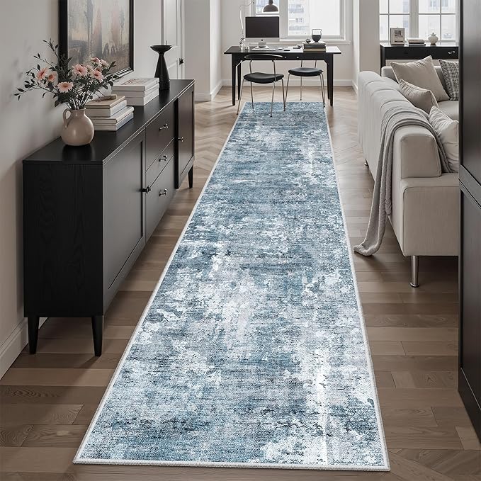 Soalmost Runner Rug 2'x10' Abstract Washable Non-Slip Runner Rugs for Kitchen Bathroom Laundry Room Blue Vintage Floor Carpet Runners for Hallway Entryway